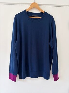 Redvanly 100% Merino Wool Men's Navy Crewneck Sweater with Magenta Cuff XL